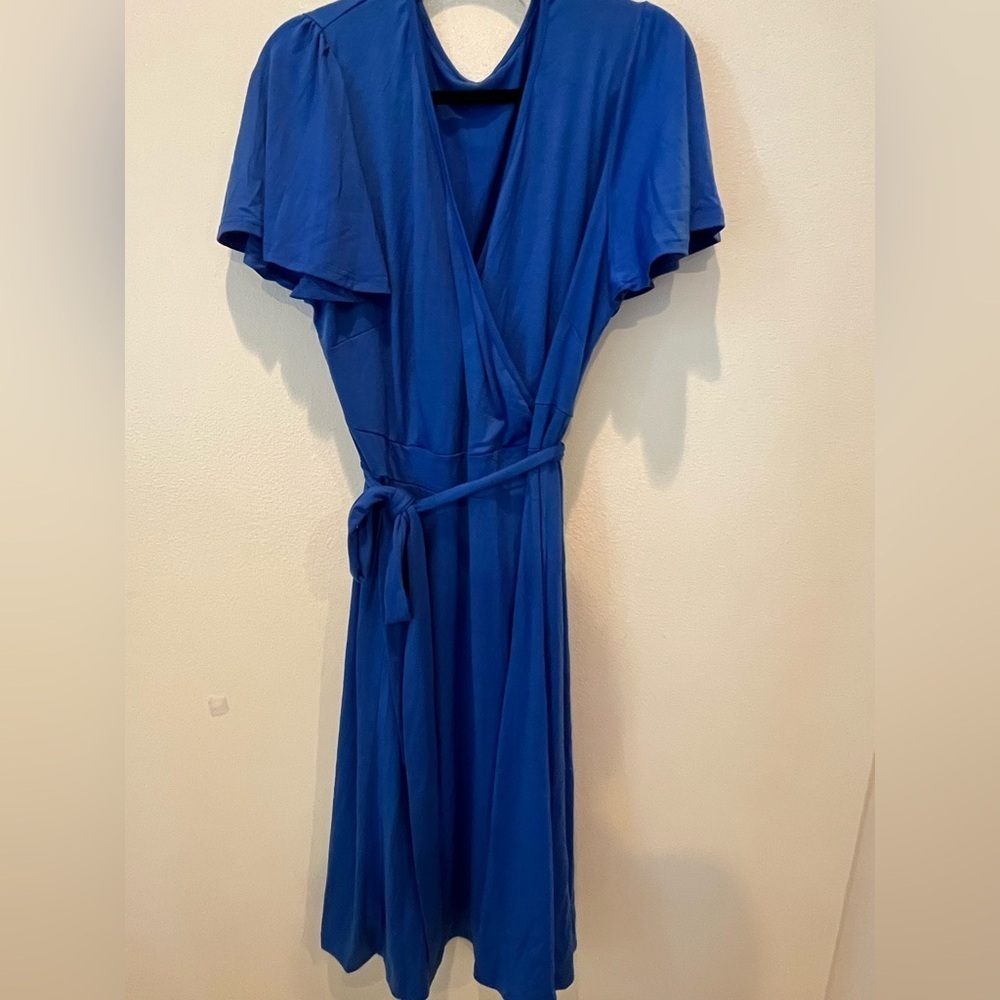 Blue Midi Wrap Sundress with Flutter Sleeves